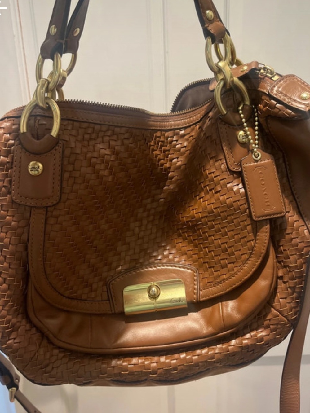 Coach Woven Leather Crossbody Bag in Brown with Gold Hardware